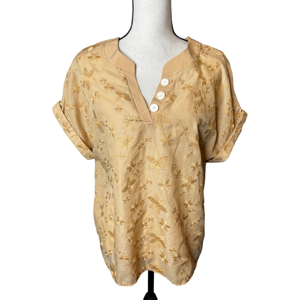Womens Tan Floral Embroidered Short Sleeve Button V-Neck Blouse Top Large
